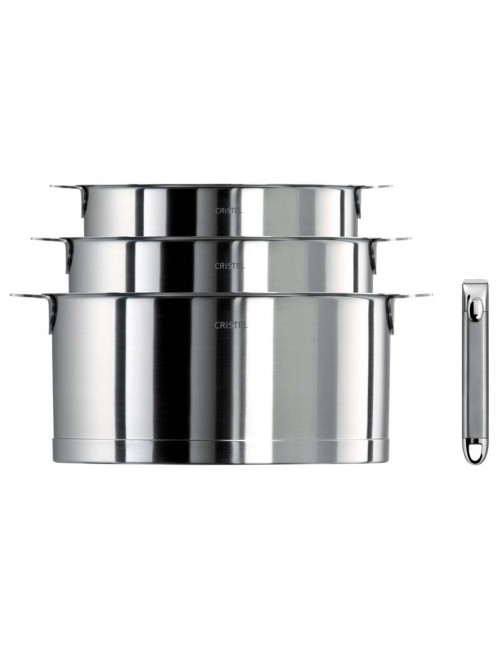 Set batterie de 3 casseroles Cristel Strate + 1 poignée Zénith amovible