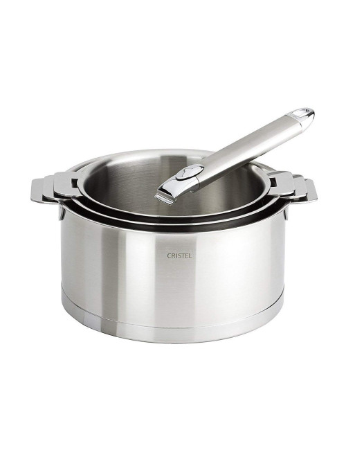 Set batterie de 3 casseroles Cristel Strate + 1 poignée Zénith amovible