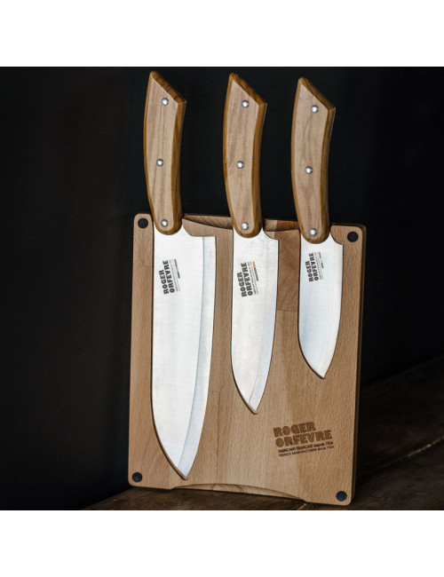 Planche à découper et 3 couteaux Santoku Roger Orfèvre