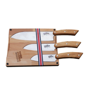 Planche à découper et 3 couteaux Santoku Roger Orfèvre