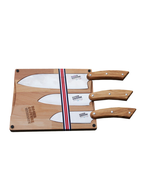 Planche à découper et 3 couteaux Santoku Roger Orfèvre