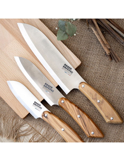 Planche à découper et 3 couteaux Santoku Roger Orfèvre