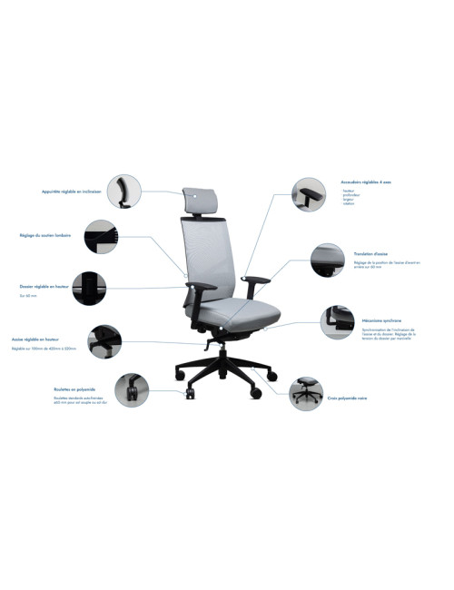 Fauteuil chaise de bureau Navailles Great Marcel résille - 6 finitions
