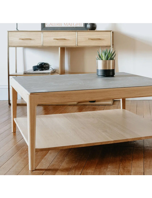 Table basse Albâtre Dasras céramique bois chêne ou noyer - 10 finitions 2 tailles 2 modèles