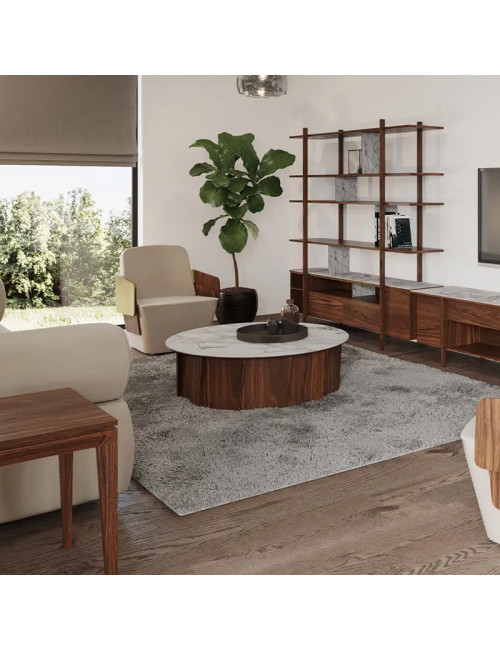 Table basse Volute Dasras céramique bois chêne ou noyer - 10 finitions 3 tailles