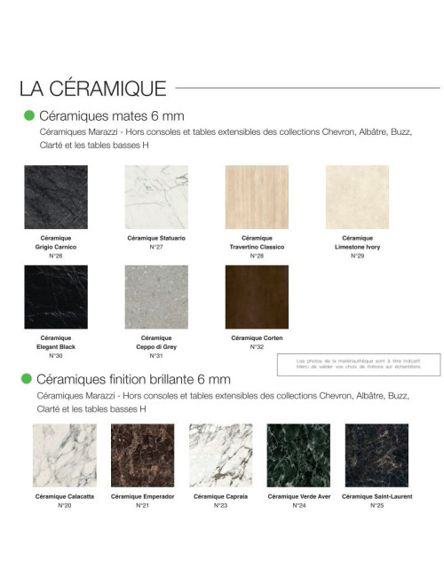 Table à manger fixe Volute Dasras céramique bois chêne ou noyer H.75 - 10 finitions 3 tailles