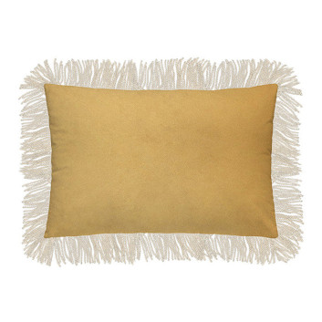 Coussin Labua Pôdevache velours rectangulaire 40x60cm jaune moutarde franges
