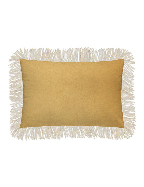 Coussin Labua Pôdevache velours rectangulaire 40x60cm jaune moutarde franges