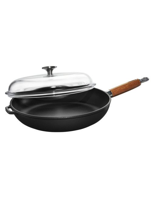Poêle ronde en fonte CHASSEUR 28cm manche en bois avec couvercle - 2 coloris