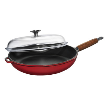 Poêle ronde en fonte CHASSEUR 28cm manche en bois avec couvercle - 2 coloris