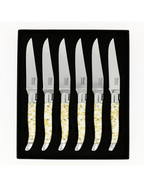 Coffret de 6 couteaux de table CHATEAU LAGUIOLE Collection Héritage Aurum résine blanche