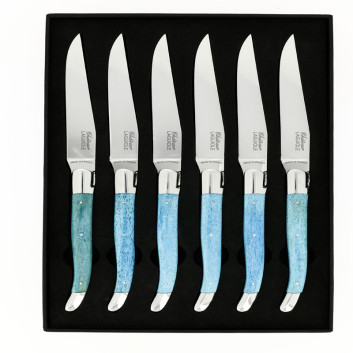 Coffret de 6 couteaux de table CHATEAU LAGUIOLE Collection Héritage Os teinté bleu