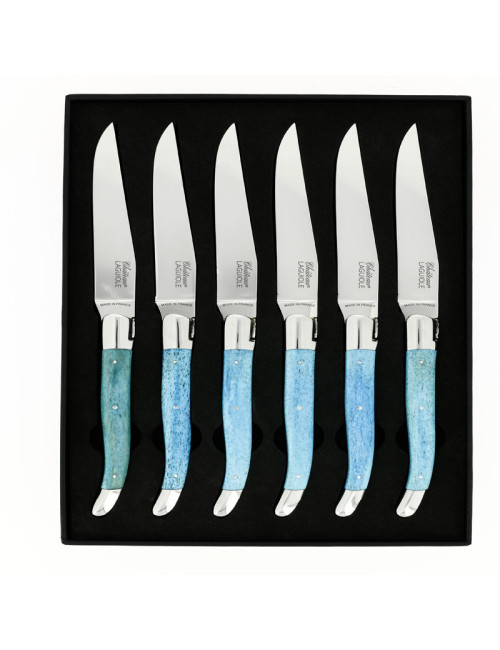 Coffret de 6 couteaux de table CHATEAU LAGUIOLE Collection Héritage Os teinté bleu