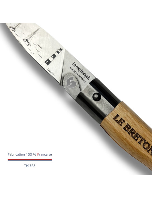 Couteau de poche avec étui LE COQ FRANCAIS Le Coq Virole Breton manche en bois de chêne