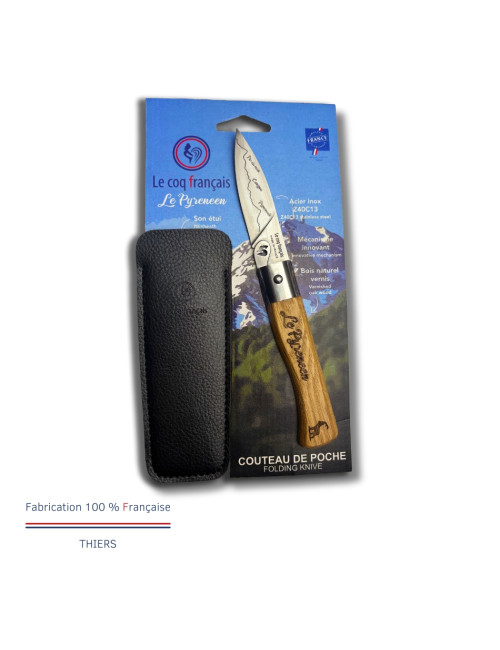 Couteau de poche avec étui LE COQ FRANCAIS Le Coq Virole Pyrénéen manche en bois de chêne