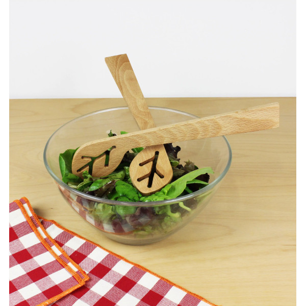 Couverts à salade en bois en forme de feuilles et leur socle
