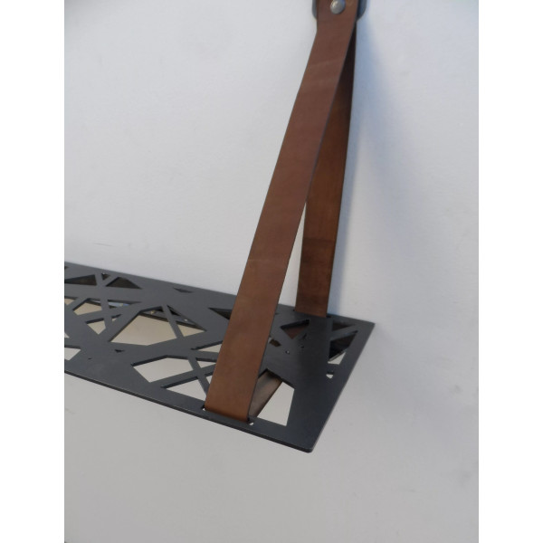 Etagère murale suspendue en bois et cuir