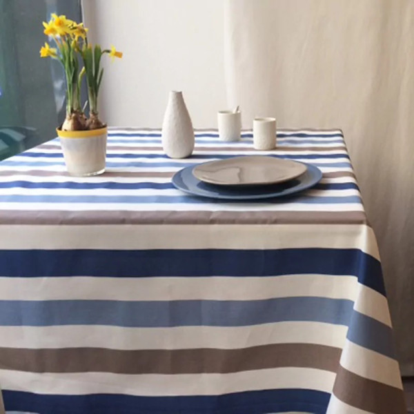 Nappe enduite Rayure taupe bleu - Fleur de Soleil