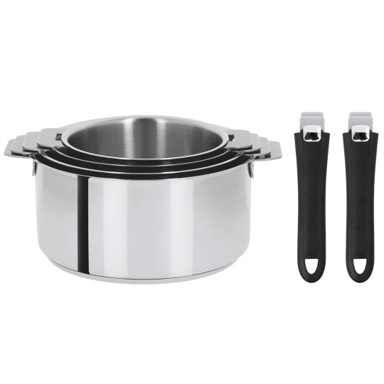 Set de 4 casseroles inox 16/18/20 cm + deux poignées Mutine